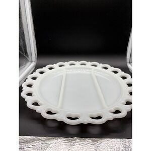 Vintage Large Round Lace Edge Milk Glass Divided Serving Platter